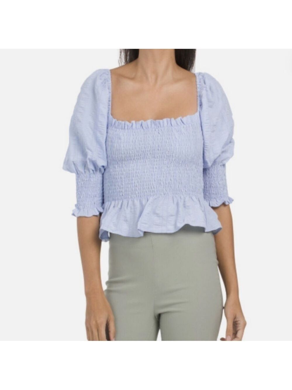 En Saison Smocked Puff Sleeve Blouse in Blue Sz Small